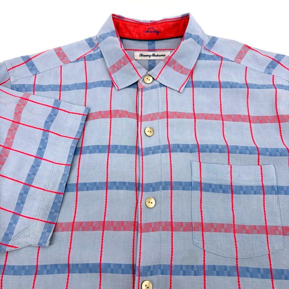 Tommy Bahama Mens Large 100% Silk Short Sleeve L Button Down Blue Red Grid Shirt